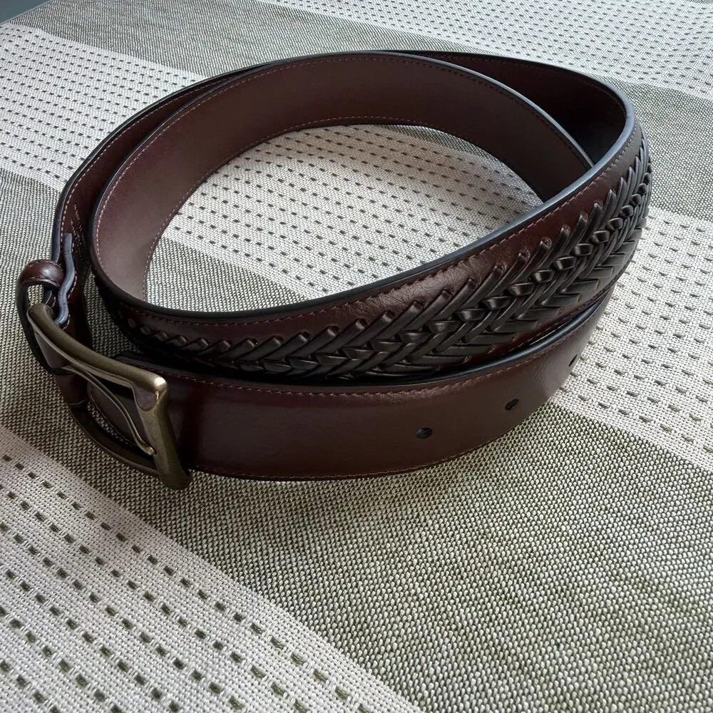 Men’s Brown Leather Belt Smooth Braided Brass Buckle Size 38